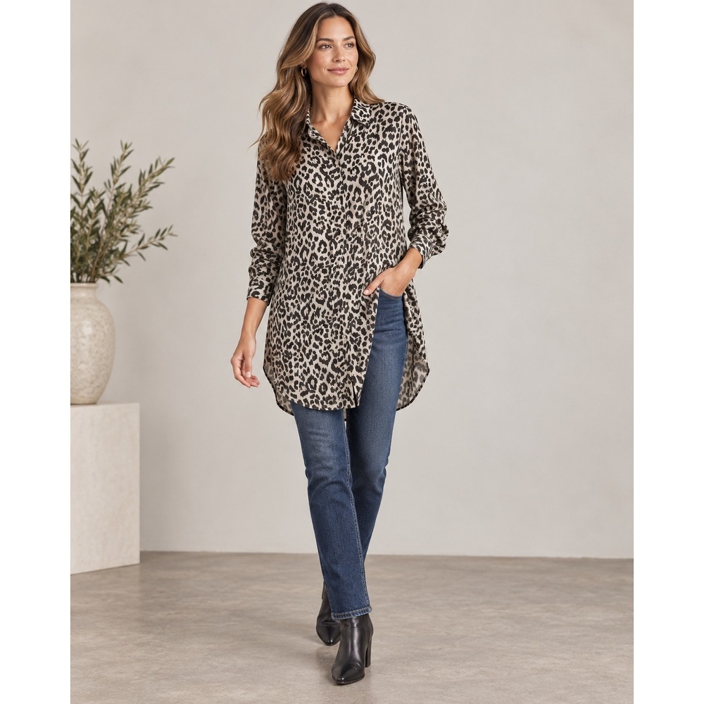 J.Crew Shirt Dress Women XS Cream Brown Leopard Print Long Sleeve Mob Wife Core
